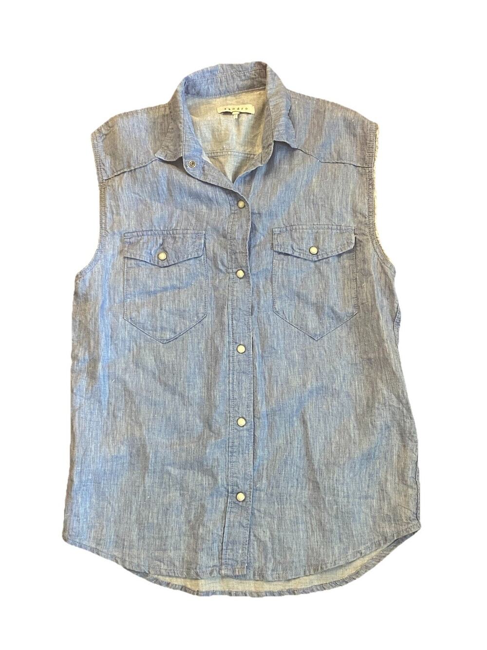 sandro linen vest top blue denim look chambray button up pockets size 1
